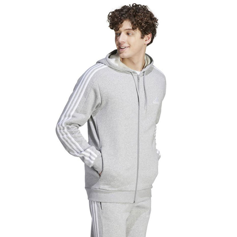 ADIDAS ESSENTIALS FLEECE 3-STRIPES FULL-ZIP HOODIE (IJ6479)Ανδρική Φούτερ Ζακέτα με Κουκούλα και Τσέπες Medium Grey Heather