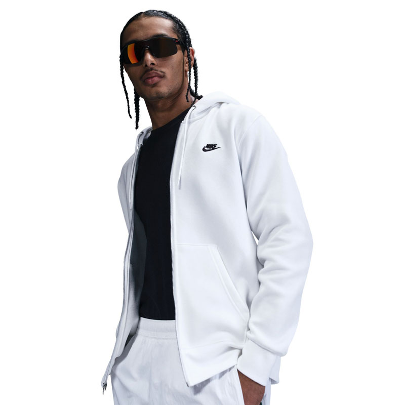 Nike Club (FN3861-100)Ανδρική φλις μπλούζα με κουκούλα και φερμουάρ σε όλο το μήκος Λευκό/Μαύρο