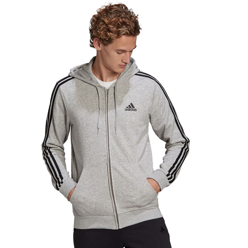 Ortografía cuello Fundación Adidas Essentials French Terry 3-Stripes Ανδρικό Φούτερ Ζακέτα με Κουκούλα  και Τσέπες Γκρι GK9034