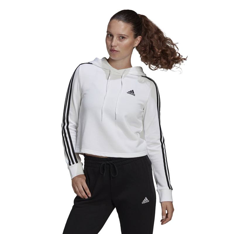 Adidas Essentials 3-Stripes Cropped Γυναικείο Φούτερ με Κουκούλα Λευκό GM5574